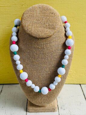 Vintage 80s White Acrylic Bead Necklace Colorful Spacer Beads Statement 9" long